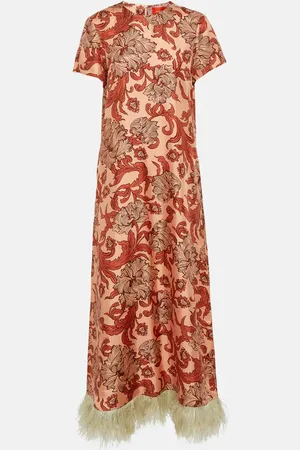La DoubleJ Maxikleid Swing aus Seiden-Twill mit Federn