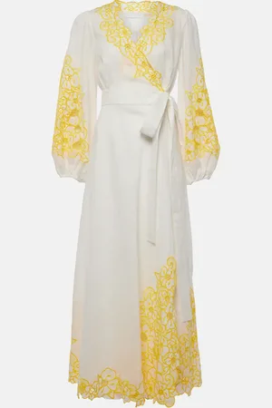 ZIMMERMANN Besticktes Wickelkleid Golden aus Leinen