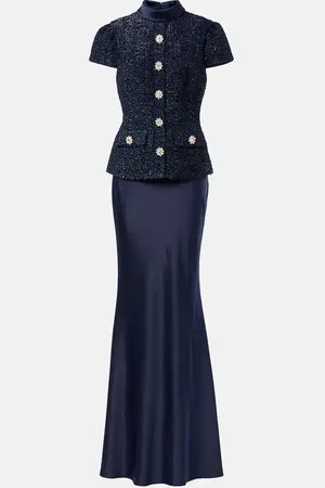 Self-Portrait Verziertes Maxikleid aus Bouclé und Satin