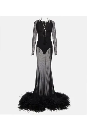 The Attico Verzierte Robe aus Mesh mit Federn