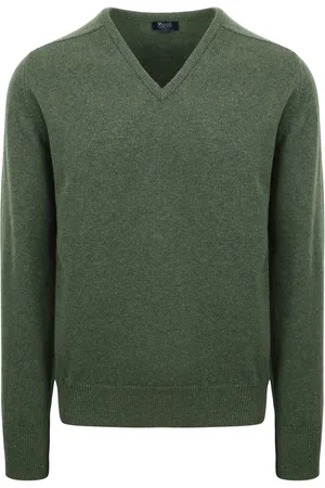 William Lockie Pullover Lamwolle V-Ausschnitt Olivgrün Größe M