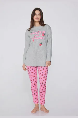 Tezenis Langer Pyjama aus Baumwolle mit Erdbeerprint Frau Größe M
