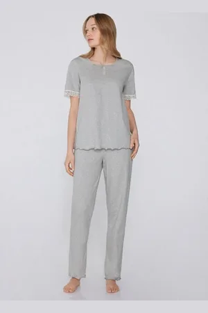 Tezenis Langer Pyjama mit kurzen Ärmeln aus Spitze Delicate Touch Frau Größe L