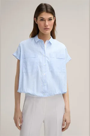 Windsor Popeline-Baumwoll-Hemdbluse kurzarm in Hellblau-Weiss gestreift