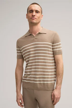 Windsor Leinenmix-Strick-Poloshirt Lindo mit Baumwolle in Hellbraun gestreift