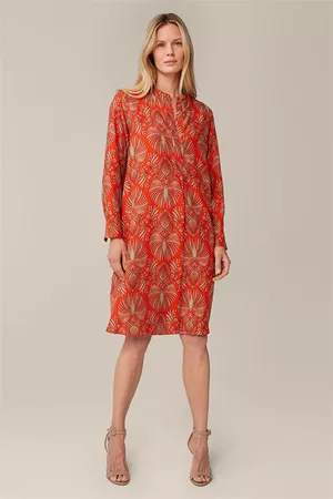 Windsor Damen Bedruckte Kleider - Print-Kleid mit Stehkragen aus Viskose und Seide in Rot-Beige gemustert