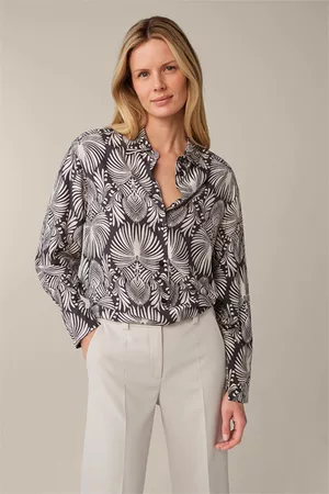 Windsor Damen Blusen - Print-Hemd-Bluse aus Viskose und Seide in Anthrazit-Ecru gemustert