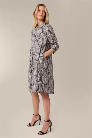 Windsor Damen Bedruckte Kleider - Print-Kleid mit Stehkragen aus Viskose und Seide in Anthrazit-Ecru gemustert
