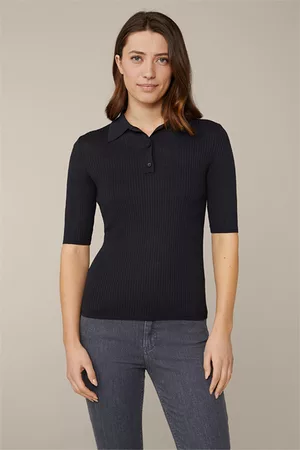 Windsor Damen Poloshirts - Wildseiden-Ripp-Strick-Polo-Shirt in Navy