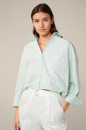 Windsor Damen Sommerjacken - Baumwoll-Twill-Bluse im Blouson-Stil in Mintgrün-Ecru gestreift