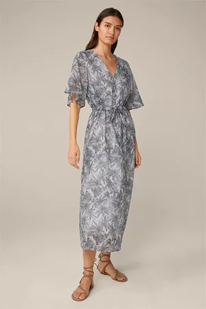 Windsor Damen Bedruckte Kleider - Baumwoll-Batist-Kleid in Maxi-Länge in Navy-Ecru gemustert