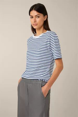 Windsor Damen Shirts - Baumwoll-Interlock-T-Shirt in Weiß-Blau gestreift