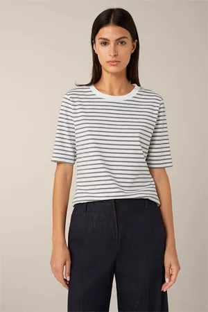 Windsor Damen Shirts - Baumwoll-Interlock-T-Shirt in Weiß-Grau gestreift
