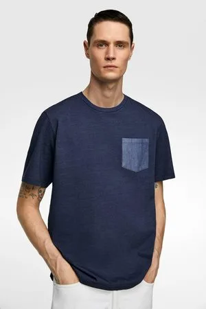 Zara Herren Shirts - Indigoblaues t-shirt mit brusttasche